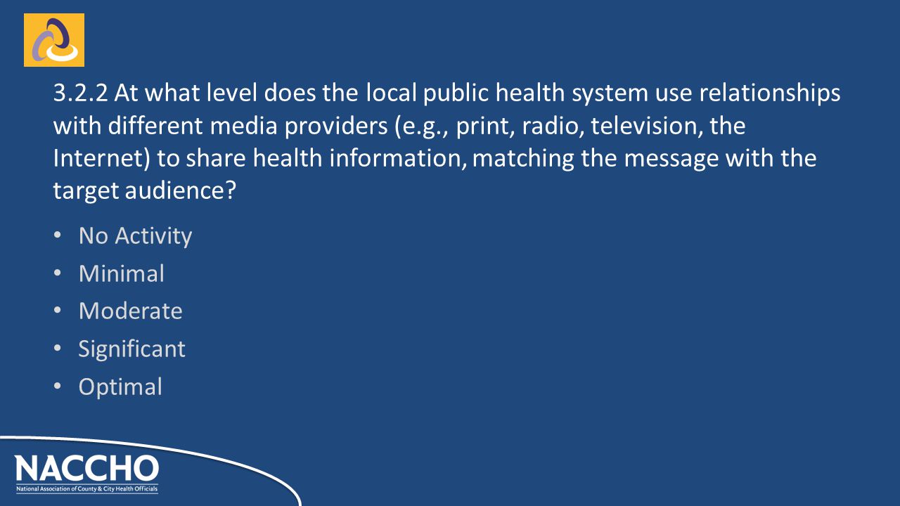 No Activity Minimal Moderate Significant Optimal At what level does the local public health system use relationships with different media providers (e.g., print, radio, television, the Internet) to share health information, matching the message with the target audience