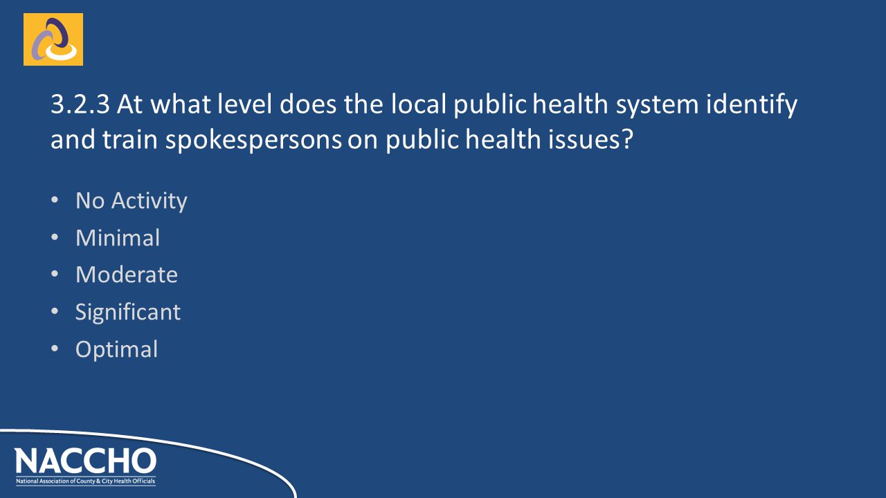No Activity Minimal Moderate Significant Optimal At what level does the local public health system identify and train spokespersons on public health issues