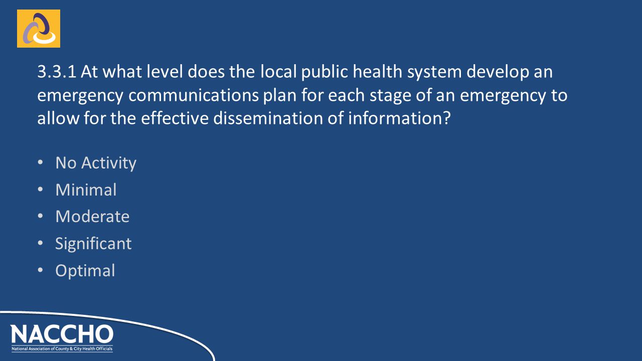 No Activity Minimal Moderate Significant Optimal At what level does the local public health system develop an emergency communications plan for each stage of an emergency to allow for the effective dissemination of information