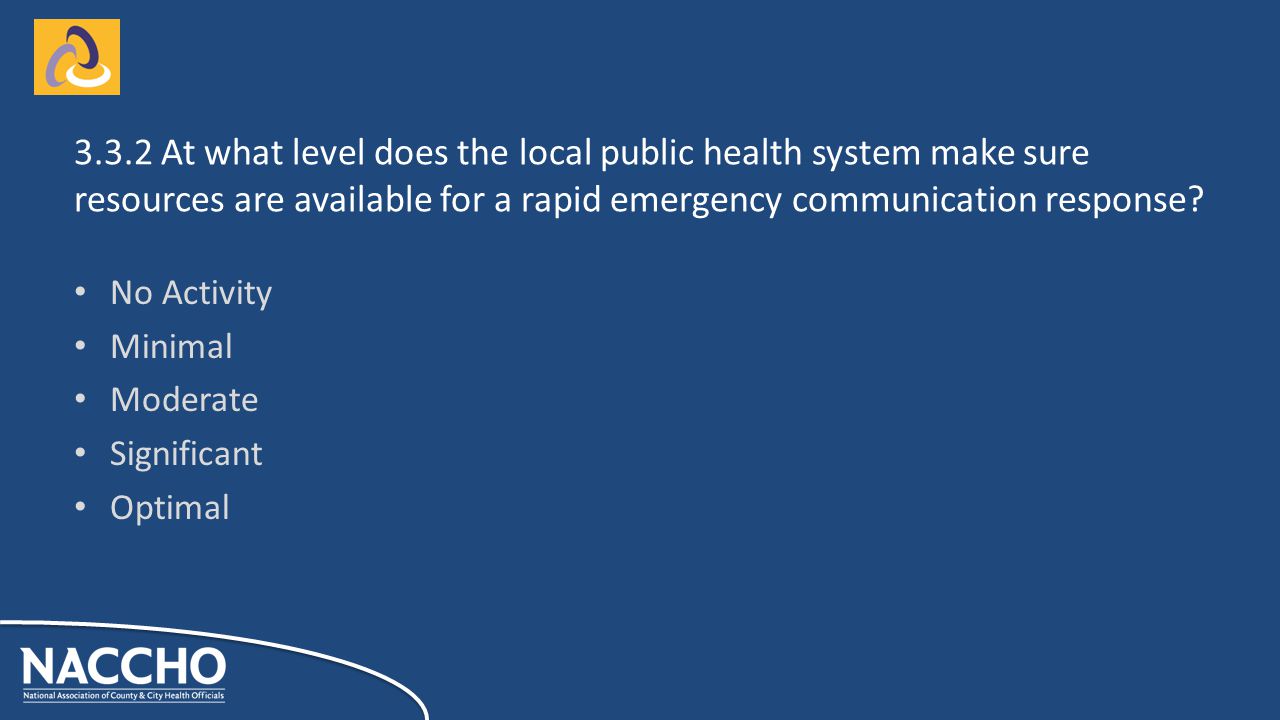 No Activity Minimal Moderate Significant Optimal At what level does the local public health system make sure resources are available for a rapid emergency communication response