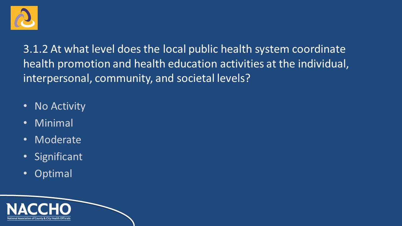 No Activity Minimal Moderate Significant Optimal At what level does the local public health system coordinate health promotion and health education activities at the individual, interpersonal, community, and societal levels