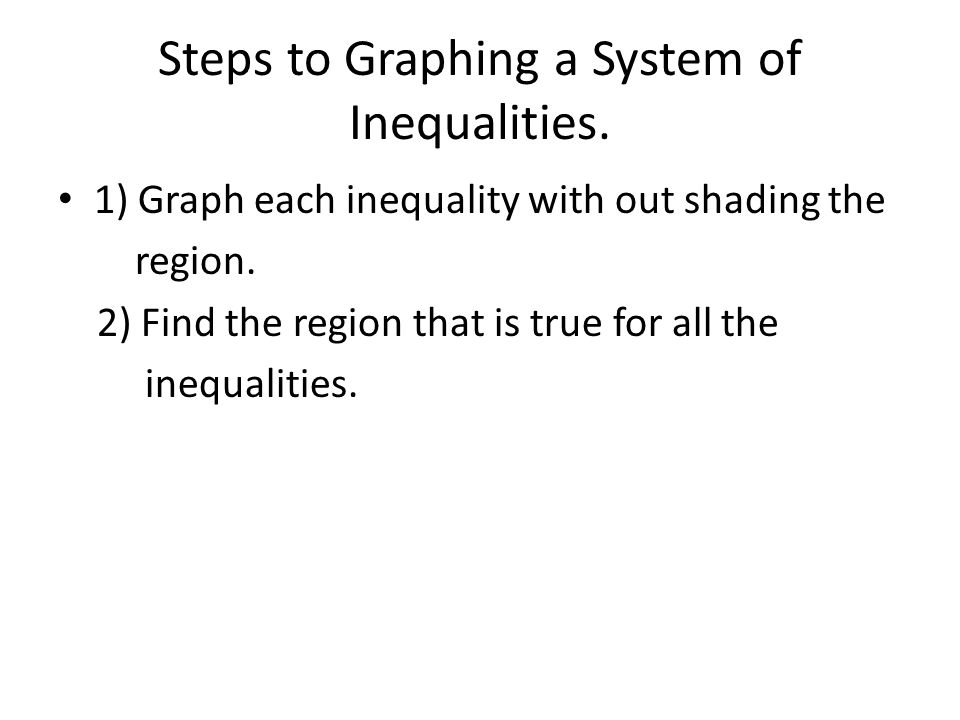 Steps to Graphing a System of Inequalities. 1) Graph each inequality with out shading the region.