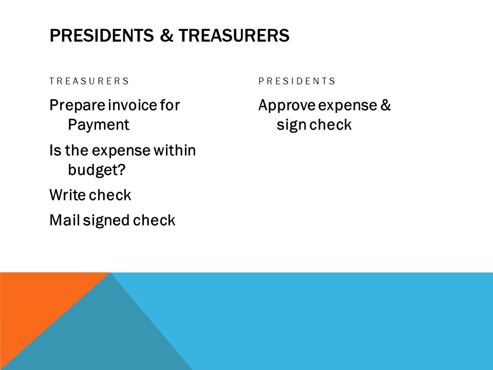 PRESIDENTS & TREASURERS TREASURERS Prepare invoice for Payment Is the expense within budget.