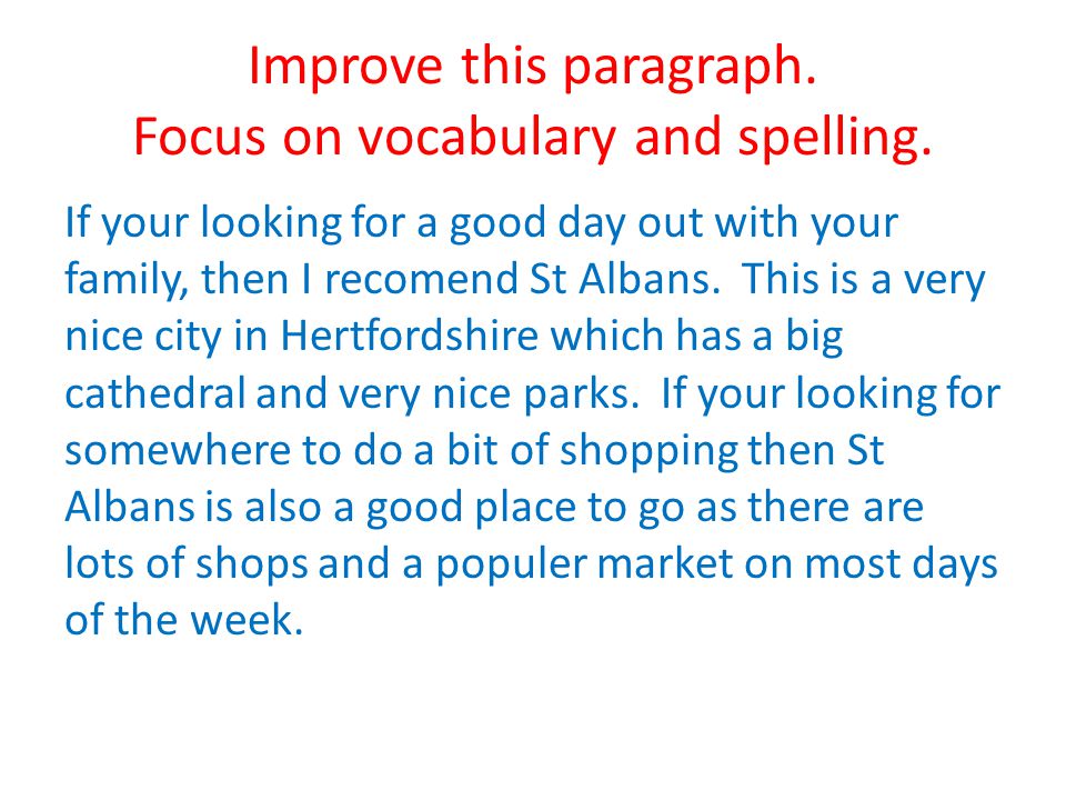 Improve this paragraph. Focus on vocabulary and spelling.