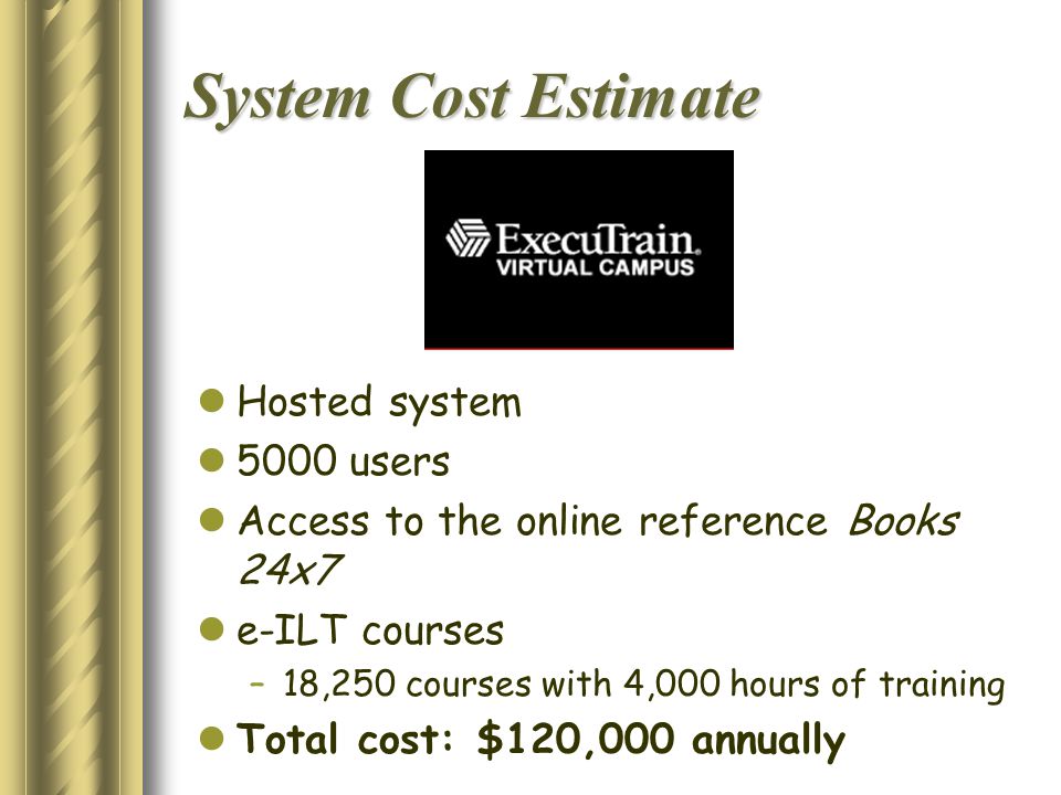 System Cost Estimate Hosted system 5000 users Access to the online reference Books 24x7 e-ILT courses –18,250 courses with 4,000 hours of training Total cost: $120,000 annually