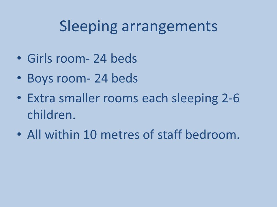 Sleeping arrangements Girls room- 24 beds Boys room- 24 beds Extra smaller rooms each sleeping 2-6 children.