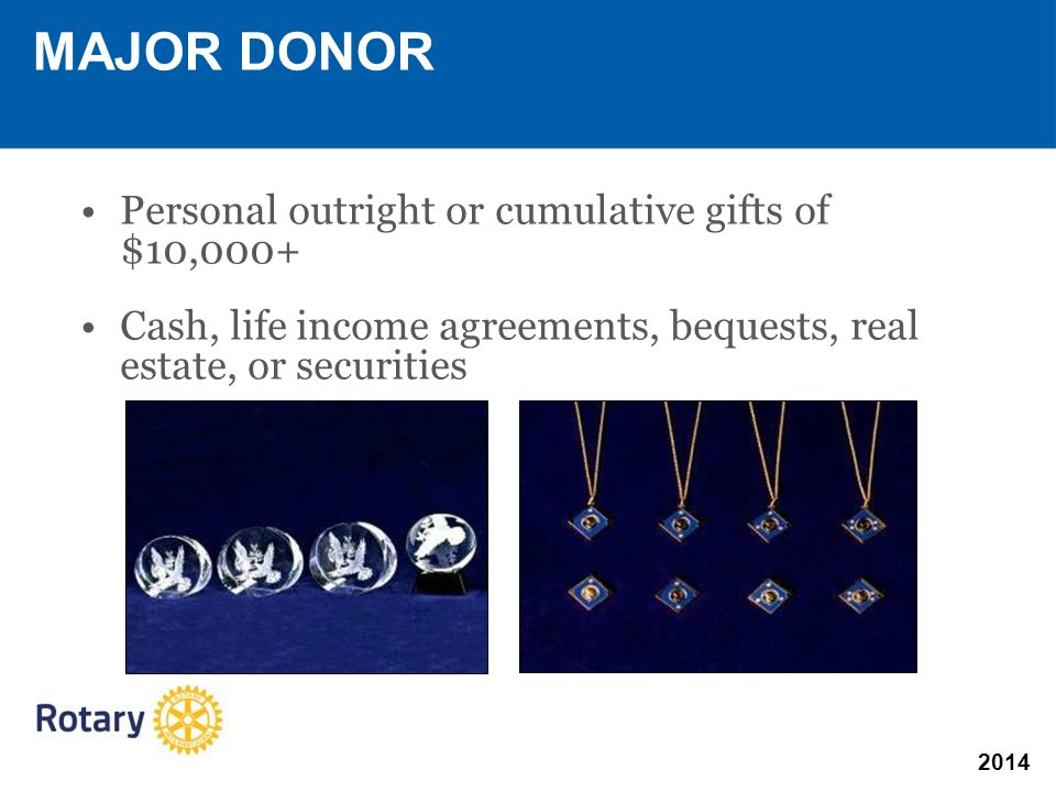 2014 MAJOR DONOR Personal outright or cumulative gifts of $10,000+ Cash, life income agreements, bequests, real estate, or securities