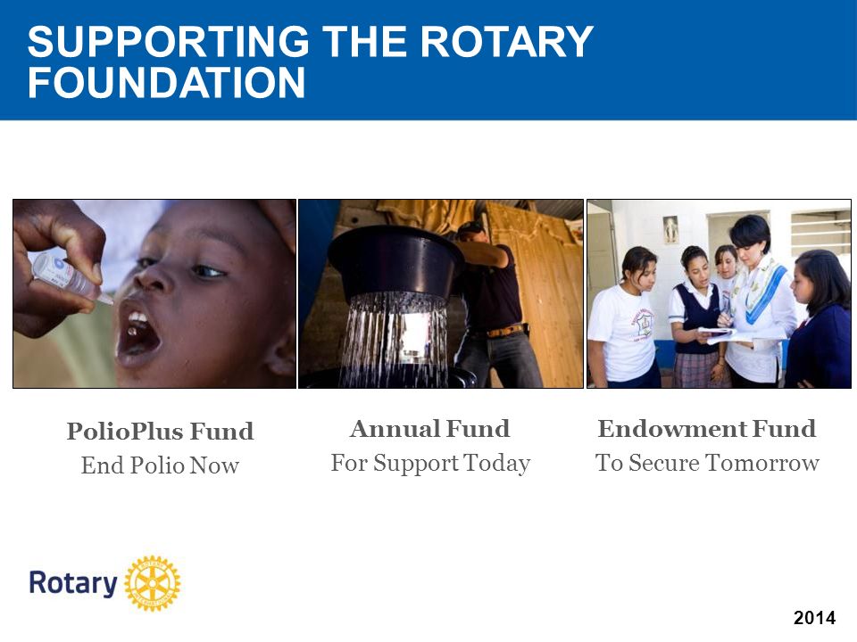 2014 SUPPORTING THE ROTARY FOUNDATION Endowment Fund To Secure Tomorrow Annual Fund For Support Today PolioPlus Fund End Polio Now