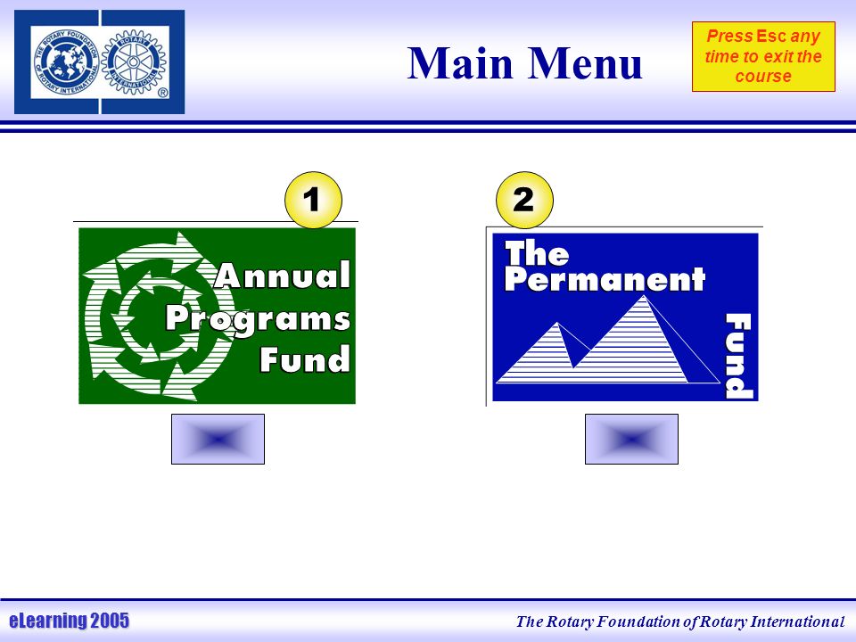 The Rotary Foundation of Rotary International eLearning 2005 Main Menu Press Esc any time to exit the course 12