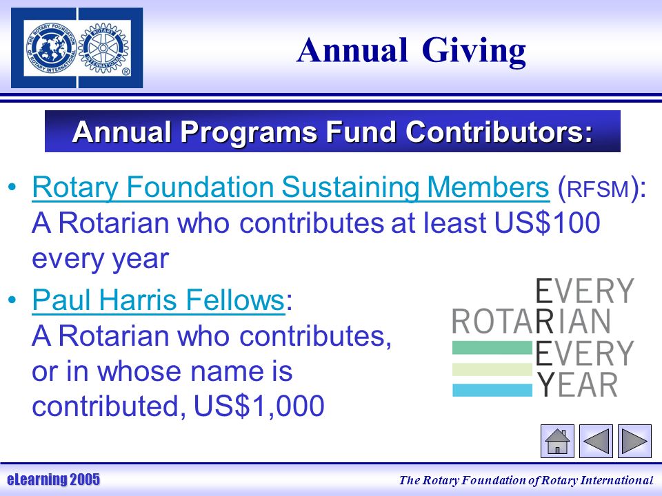 The Rotary Foundation of Rotary International eLearning 2005 Annual Giving Rotary Foundation Sustaining Members ( RFSM ): A Rotarian who contributes at least US$100 every year Paul Harris Fellows: A Rotarian who contributes, or in whose name is contributed, US$1,000 Annual Programs Fund Contributors: