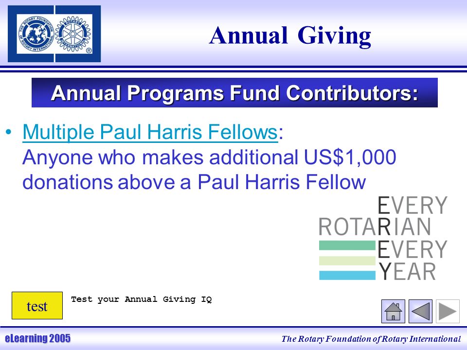The Rotary Foundation of Rotary International eLearning 2005 Annual Giving Multiple Paul Harris Fellows: Anyone who makes additional US$1,000 donations above a Paul Harris Fellow Annual Programs Fund Contributors: test Test your Annual Giving IQ