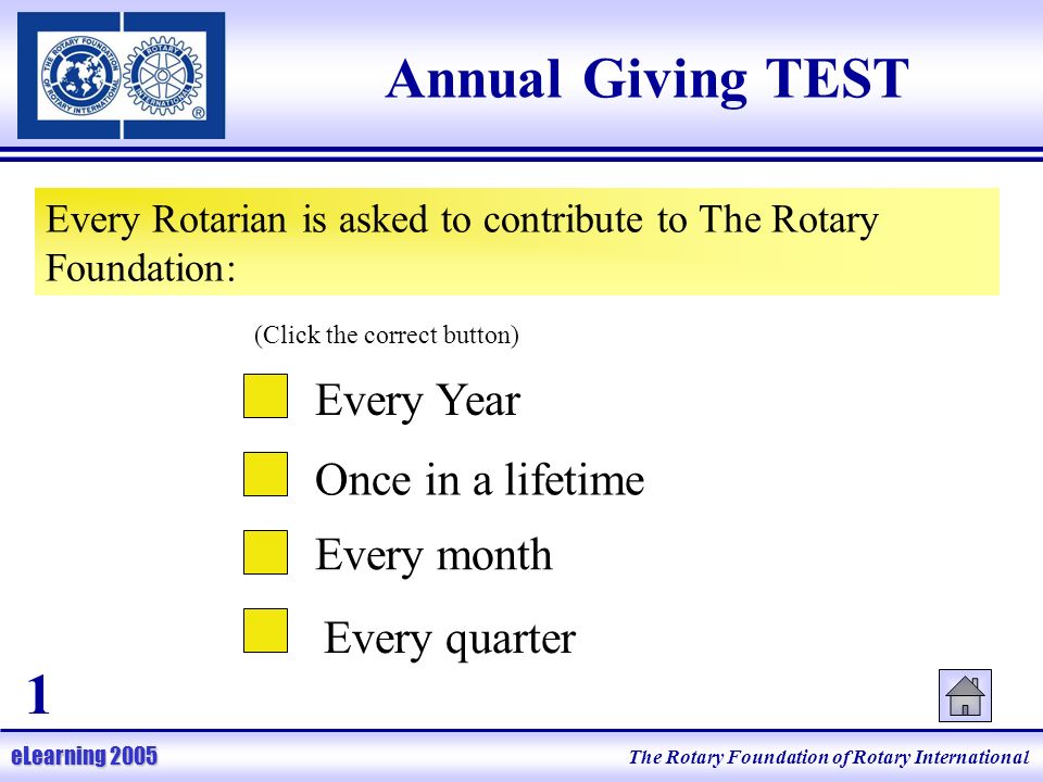 The Rotary Foundation of Rotary International eLearning 2005 Annual Giving TEST Every Rotarian is asked to contribute to The Rotary Foundation: Every Year Once in a lifetime Every month Every quarter (Click the correct button) 1