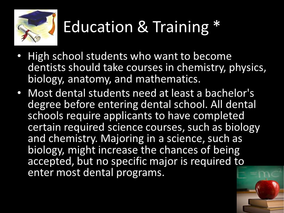 Education & Training * High school students who want to become dentists should take courses in chemistry, physics, biology, anatomy, and mathematics.