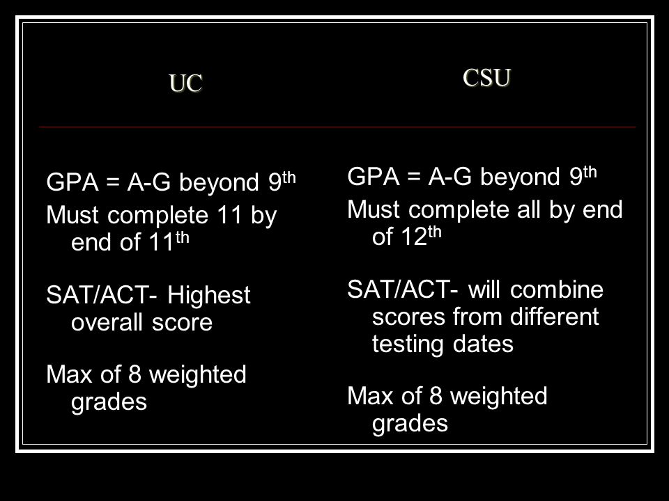 UC GPA = A-G beyond 9 th Must complete 11 by end of 11 th SAT/ACT- Highest overall score Max of 8 weighted grades CSU GPA = A-G beyond 9 th Must complete all by end of 12 th SAT/ACT- will combine scores from different testing dates Max of 8 weighted grades