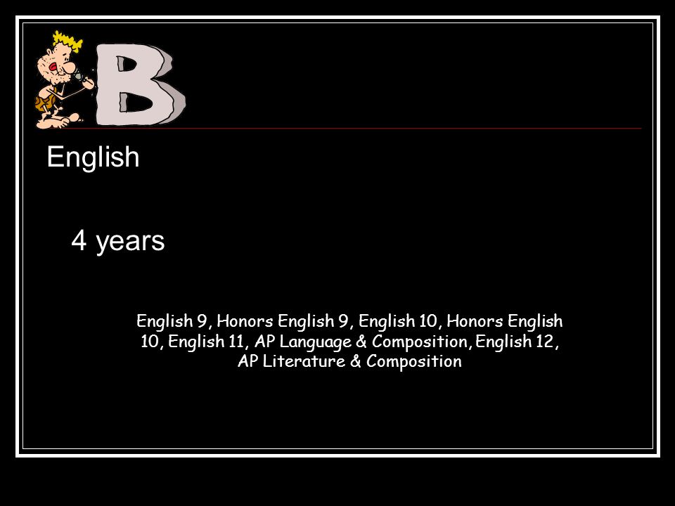 English 4 years English 9, Honors English 9, English 10, Honors English 10, English 11, AP Language & Composition, English 12, AP Literature & Composition