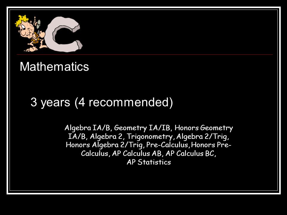 Mathematics 3 years (4 recommended) Algebra IA/B, Geometry IA/IB, Honors Geometry IA/B, Algebra 2, Trigonometry, Algebra 2/Trig, Honors Algebra 2/Trig, Pre-Calculus, Honors Pre- Calculus, AP Calculus AB, AP Calculus BC, AP Statistics