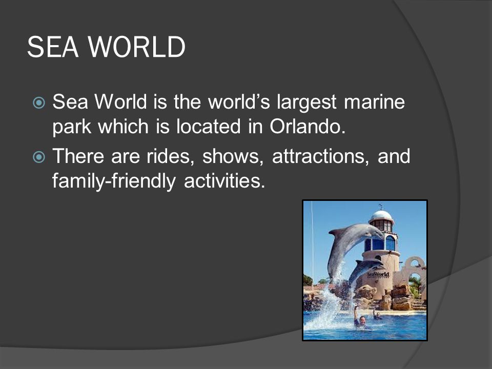 SEA WORLD  Sea World is the world’s largest marine park which is located in Orlando.