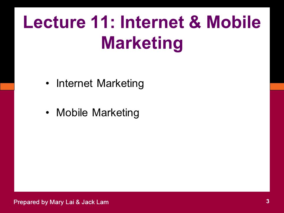Lecture 11: Internet & Mobile Marketing Internet Marketing Mobile Marketing 3 Prepared by Mary Lai & Jack Lam