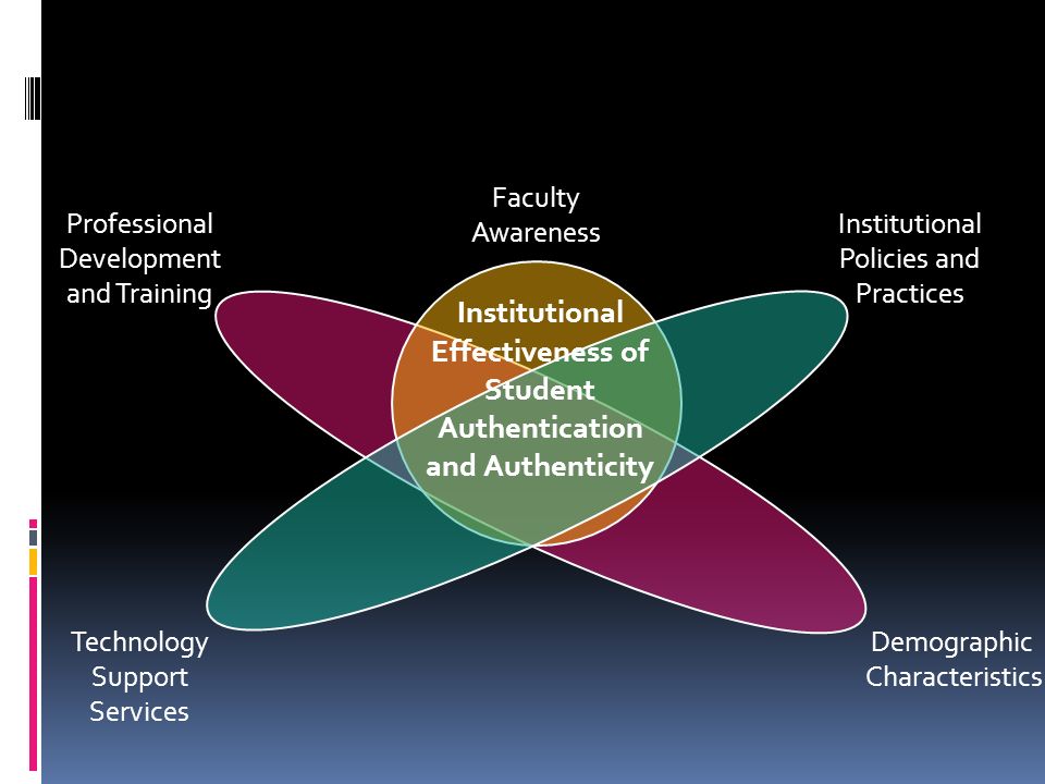 Institutional Effectiveness of Student Authentication and Authenticity Faculty Awareness Institutional Policies and Practices Professional Development and Training Technology Support Services Demographic Characteristics