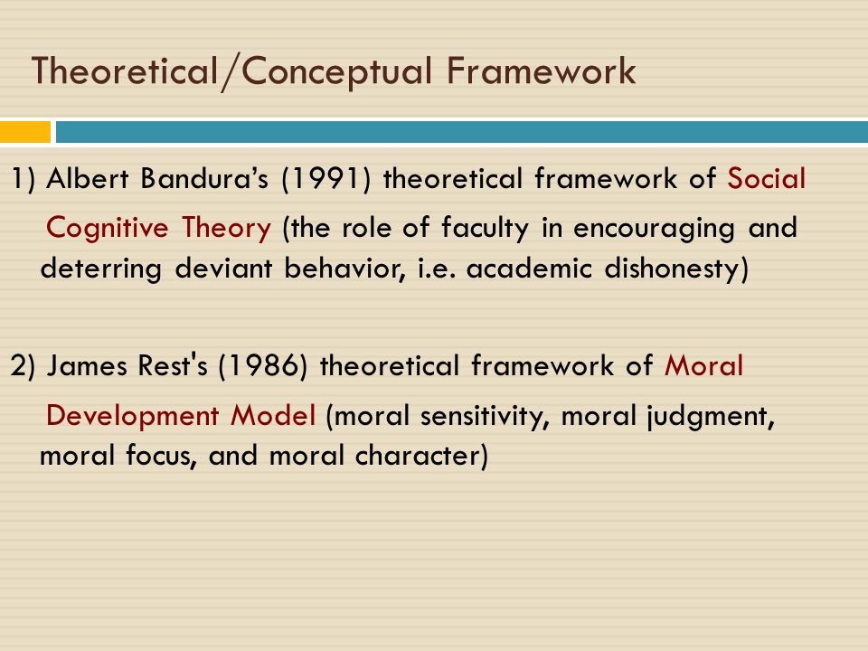 Theoretical/Conceptual Framework 1) Albert Bandura’s (1991) theoretical framework of Social Cognitive Theory (the role of faculty in encouraging and deterring deviant behavior, i.e.