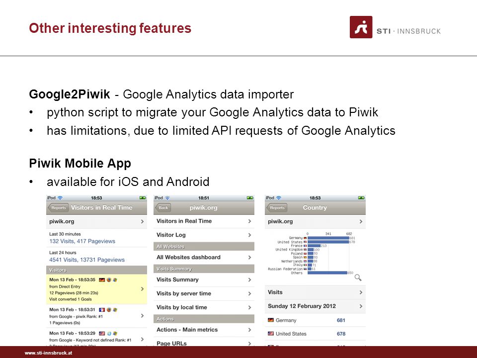 Other interesting features Google2Piwik - Google Analytics data importer python script to migrate your Google Analytics data to Piwik has limitations, due to limited API requests of Google Analytics Piwik Mobile App available for iOS and Android