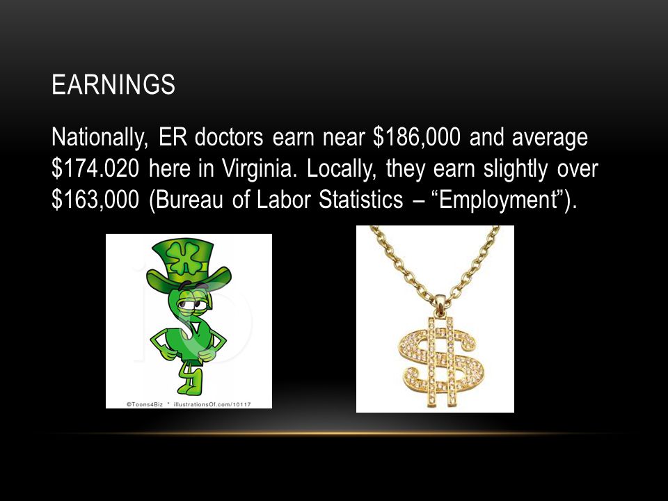 EARNINGS Nationally, ER doctors earn near $186,000 and average $ here in Virginia.