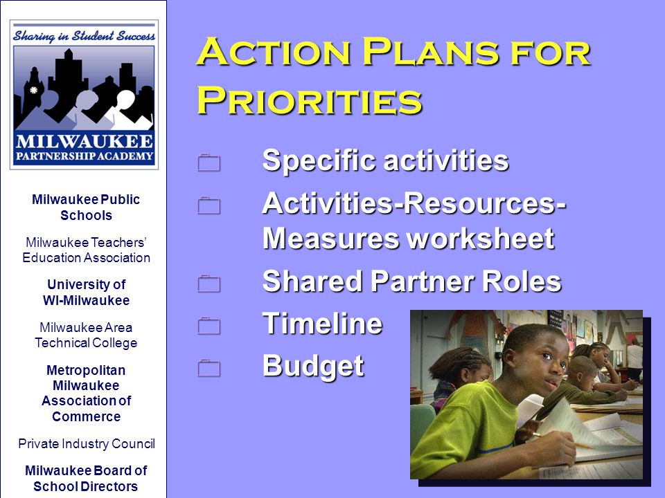 Action Plans for Priorities 0 Specific activities 0 Activities-Resources- Measures worksheet 0 Shared Partner Roles 0 Timeline 0 Budget Milwaukee Public Schools Milwaukee Teachers’ Education Association University of WI-Milwaukee Milwaukee Area Technical College Metropolitan Milwaukee Association of Commerce Private Industry Council Milwaukee Board of School Directors