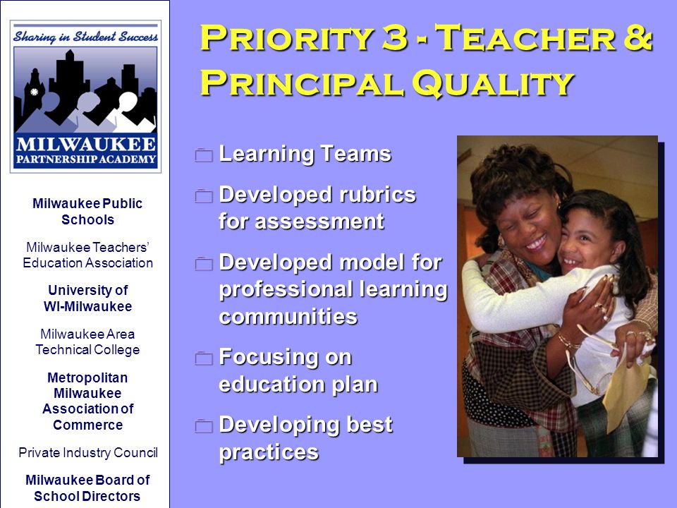 Priority 3 - Teacher & Principal Quality 0 Learning Teams 0 Developed rubrics for assessment 0 Developed model for professional learning communities 0 Focusing on education plan 0 Developing best practices Milwaukee Public Schools Milwaukee Teachers’ Education Association University of WI-Milwaukee Milwaukee Area Technical College Metropolitan Milwaukee Association of Commerce Private Industry Council Milwaukee Board of School Directors
