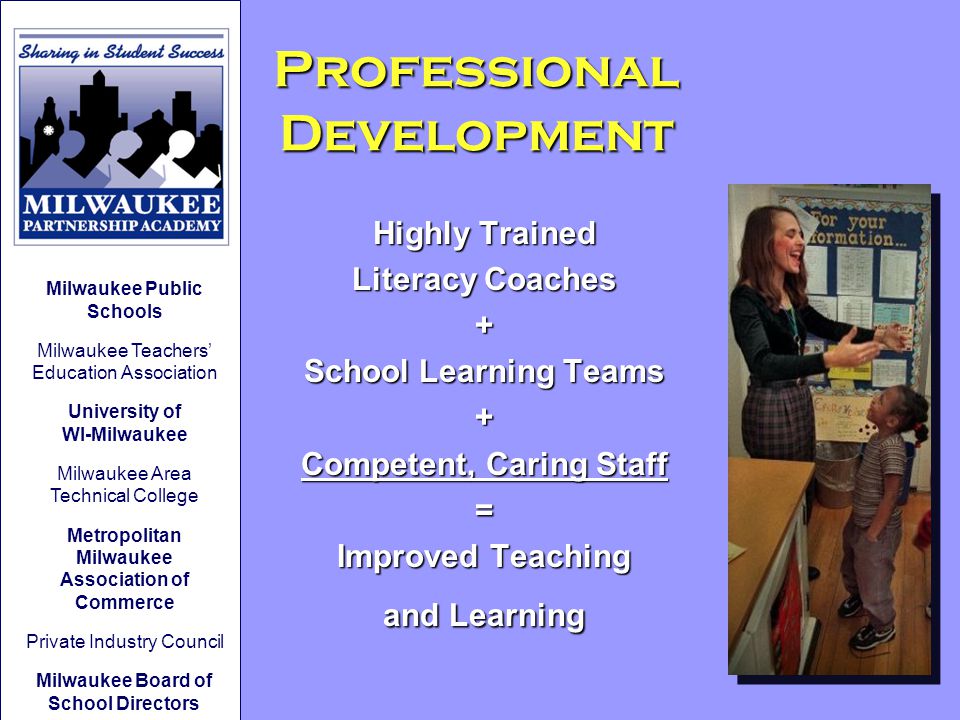 Professional Development Highly Trained Literacy Coaches + School Learning Teams + Competent, Caring Staff = Improved Teaching and Learning Milwaukee Public Schools Milwaukee Teachers’ Education Association University of WI-Milwaukee Milwaukee Area Technical College Metropolitan Milwaukee Association of Commerce Private Industry Council Milwaukee Board of School Directors