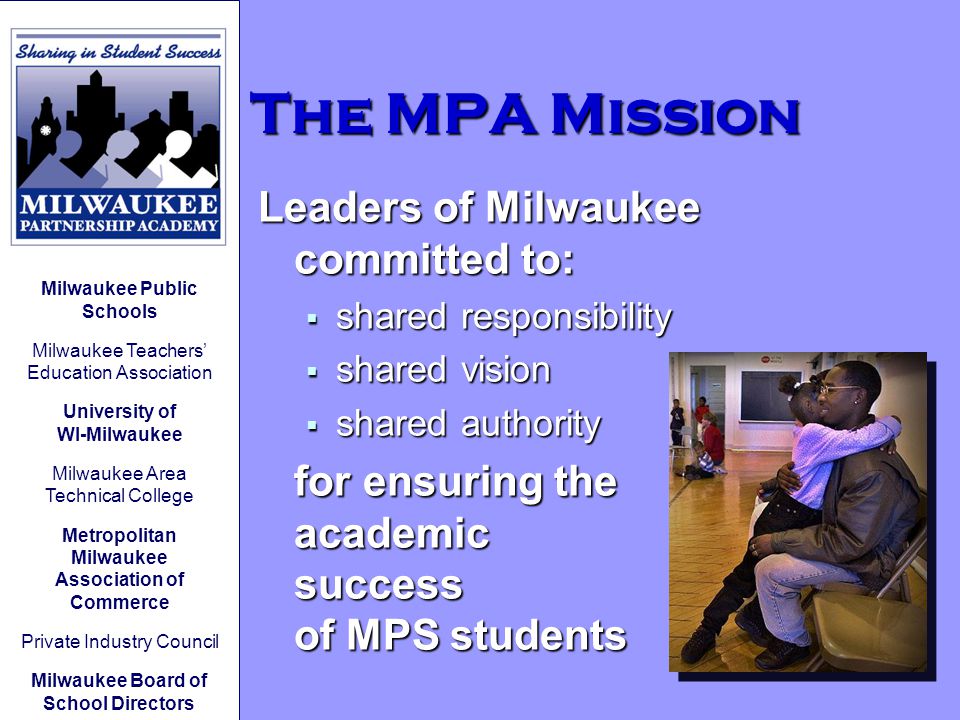 The MPA Mission Leaders of Milwaukee committed to:  shared responsibility  shared vision  shared authority for ensuring the academic success of MPS students Milwaukee Public Schools Milwaukee Teachers’ Education Association University of WI-Milwaukee Milwaukee Area Technical College Metropolitan Milwaukee Association of Commerce Private Industry Council Milwaukee Board of School Directors