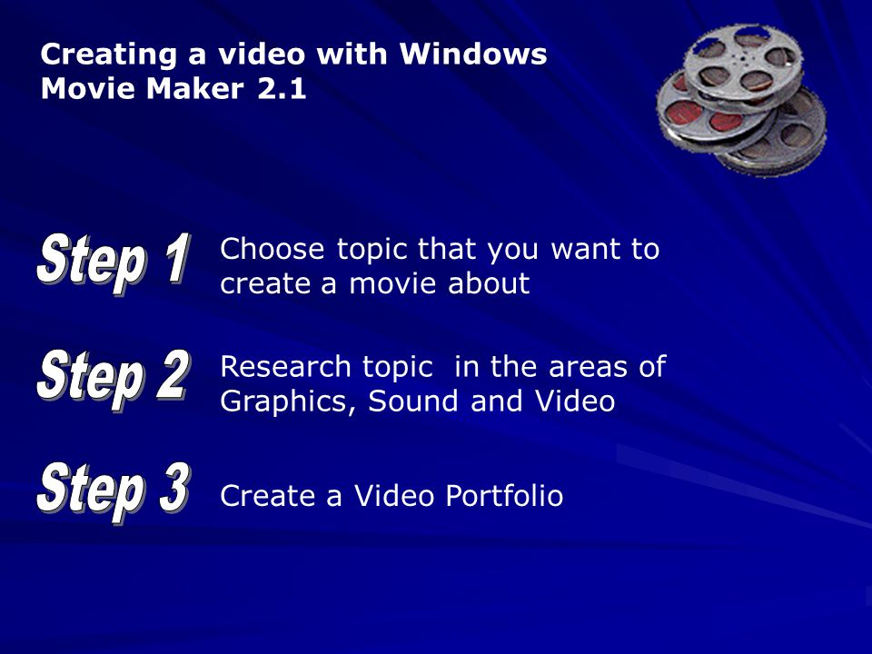 Creating a video with Windows Movie Maker 2.1 Choose topic that you want to create a movie about Research topic in the areas of Graphics, Sound and Video Create a Video Portfolio