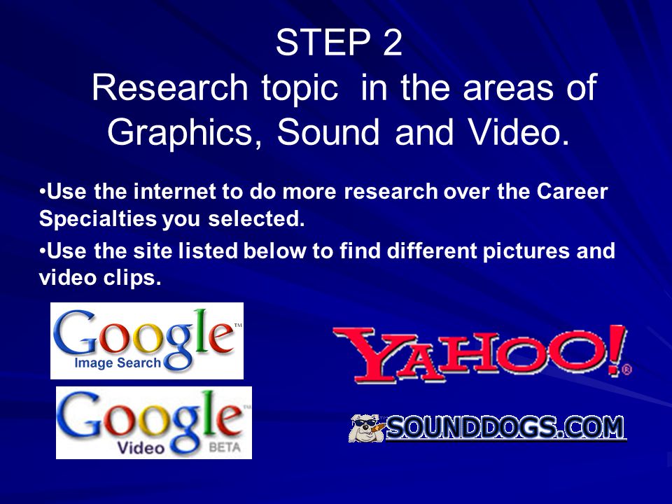 STEP 2 Research topic in the areas of Graphics, Sound and Video.