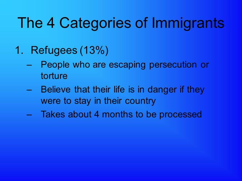The 4 Categories of Immigrants 1.Refugees (13%) –People who are escaping persecution or torture –Believe that their life is in danger if they were to stay in their country –Takes about 4 months to be processed