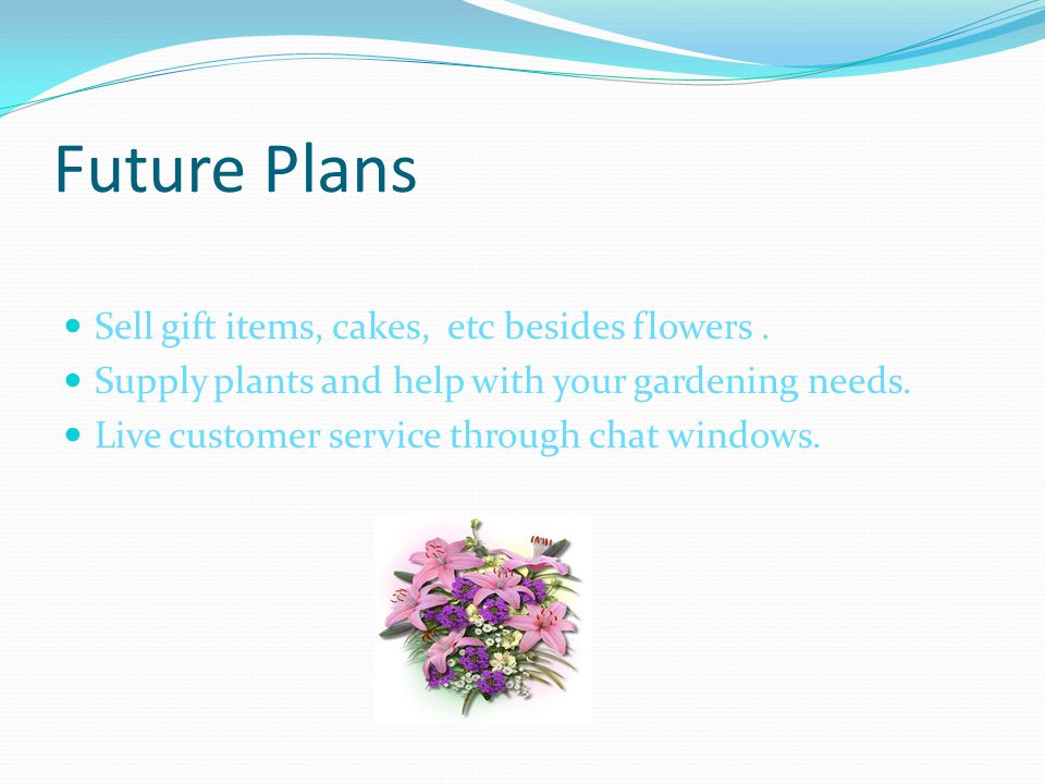 Future Plans Sell gift items, cakes, etc besides flowers.