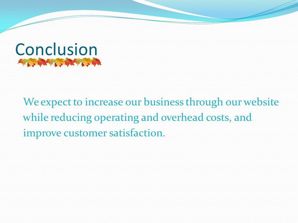 Conclusion We expect to increase our business through our website while reducing operating and overhead costs, and improve customer satisfaction.