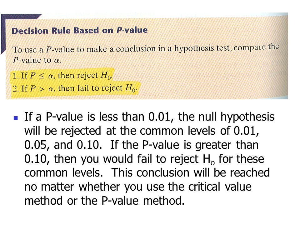 If a P-value is less than 0.01, the null hypothesis will be rejected at the common levels of 0.01, 0.05, and 0.10.