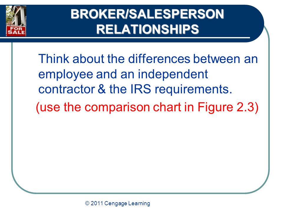© 2011 Cengage Learning BROKER/SALESPERSON RELATIONSHIPS Think about the differences between an employee and an independent contractor & the IRS requirements.