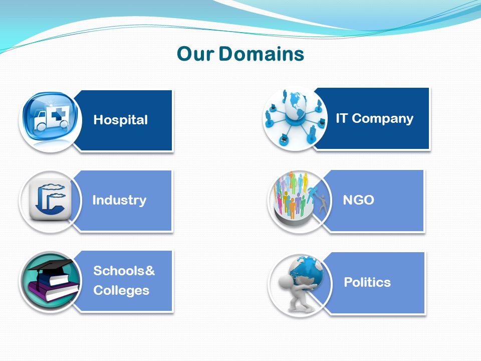 Our Domains Hospital Industry Schools& Colleges IT Company NGO Politics