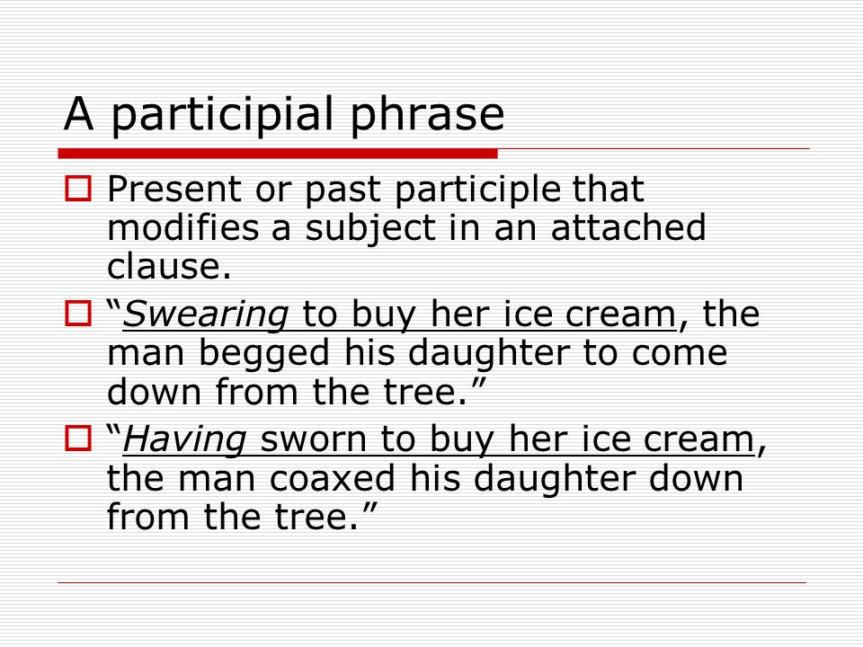 A participial phrase  Present or past participle that modifies a subject in an attached clause.