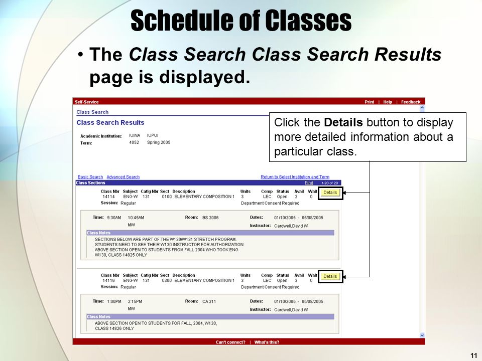 11 Schedule of Classes The Class Search Class Search Results page is displayed.