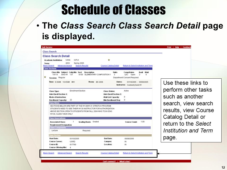 12 Schedule of Classes The Class Search Class Search Detail page is displayed.