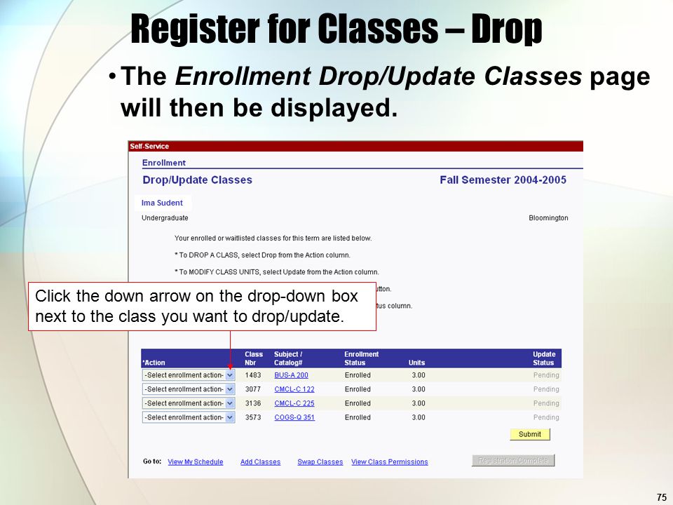 75 Ima Sudent Register for Classes – Drop The Enrollment Drop/Update Classes page will then be displayed.