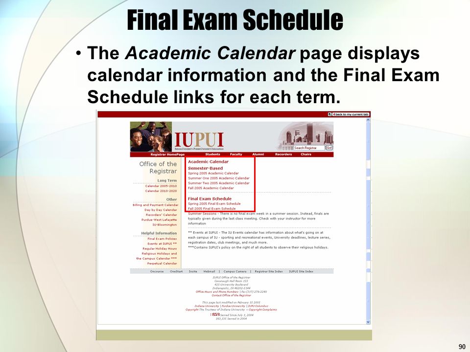 90 Final Exam Schedule The Academic Calendar page displays calendar information and the Final Exam Schedule links for each term.