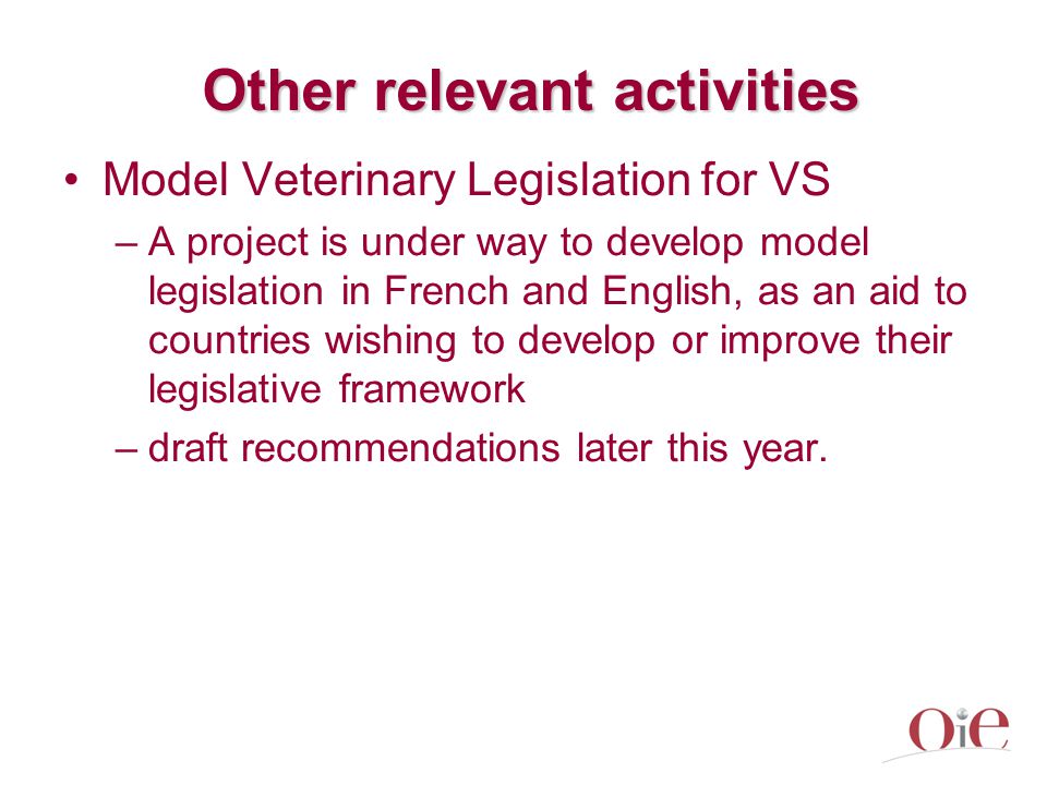 Other relevant activities Model Veterinary Legislation for VS –A project is under way to develop model legislation in French and English, as an aid to countries wishing to develop or improve their legislative framework –draft recommendations later this year.