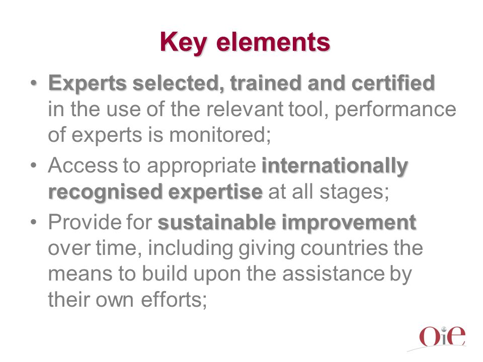 Key elements Expertsselected, trained and certifiedExperts selected, trained and certified in the use of the relevant tool, performance of experts is monitored; internationally recognised expertiseAccess to appropriate internationally recognised expertise at all stages; sustainable improvementProvide for sustainable improvement over time, including giving countries the means to build upon the assistance by their own efforts;