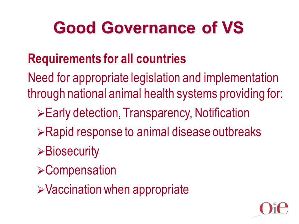 Good Governance of VS Requirements for all countries Need for appropriate legislation and implementation through national animal health systems providing for:  Early detection, Transparency, Notification  Rapid response to animal disease outbreaks  Biosecurity  Compensation  Vaccination when appropriate