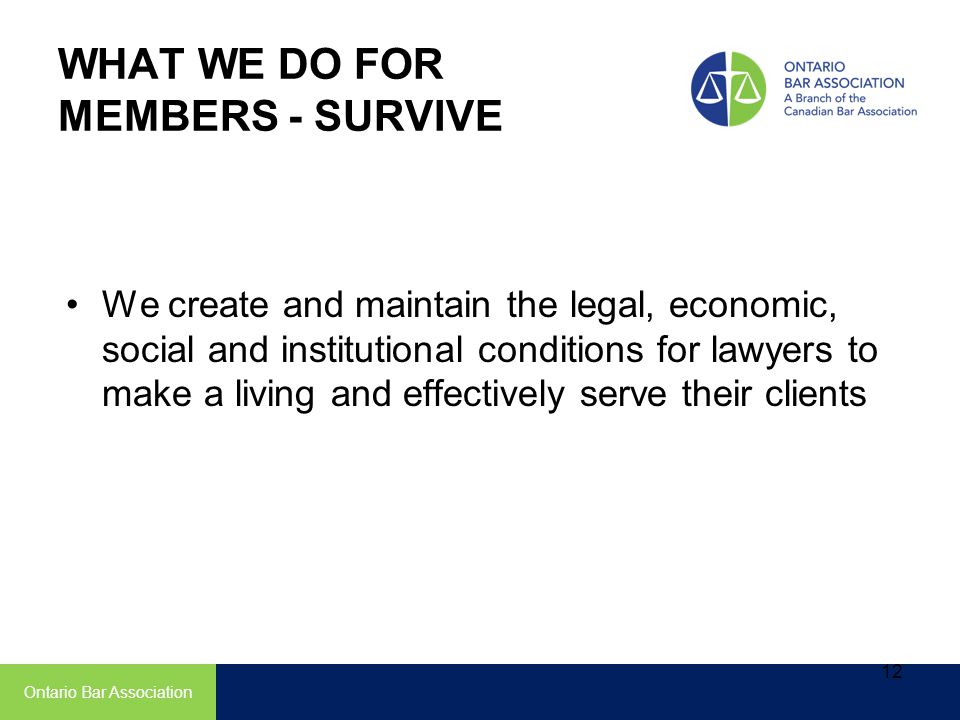 WHAT WE DO FOR MEMBERS - SURVIVE We create and maintain the legal, economic, social and institutional conditions for lawyers to make a living and effectively serve their clients Ontario Bar Association 12