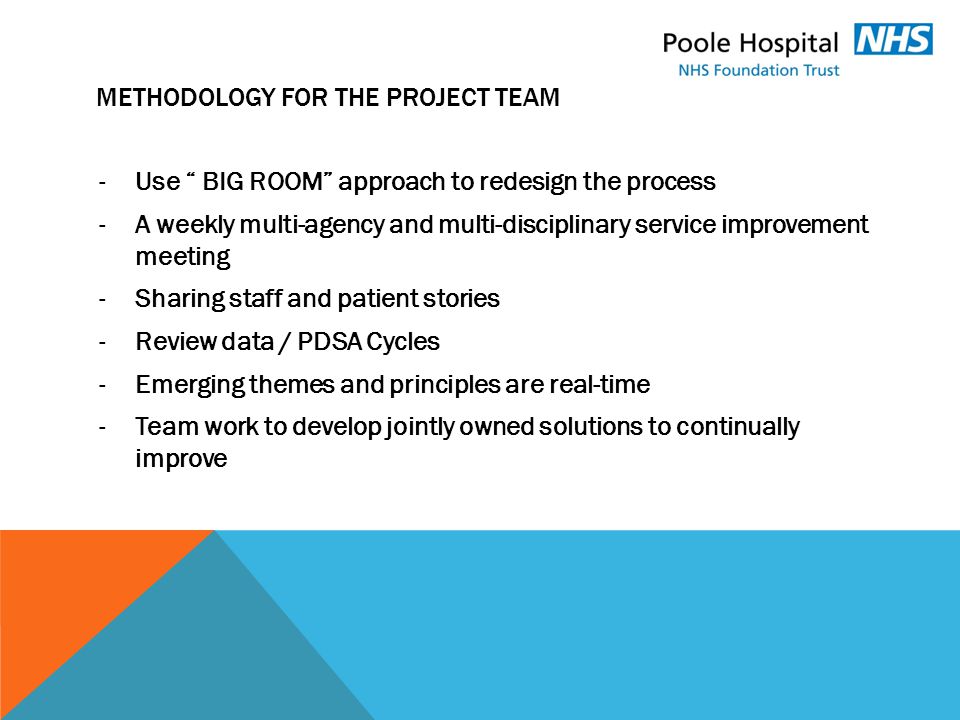 METHODOLOGY FOR THE PROJECT TEAM -Use BIG ROOM approach to redesign the process -A weekly multi-agency and multi-disciplinary service improvement meeting -Sharing staff and patient stories -Review data / PDSA Cycles -Emerging themes and principles are real-time -Team work to develop jointly owned solutions to continually improve