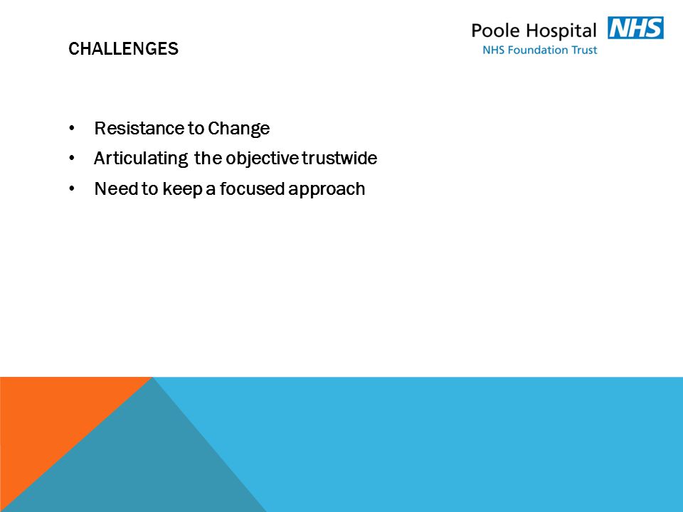 CHALLENGES Resistance to Change Articulating the objective trustwide Need to keep a focused approach