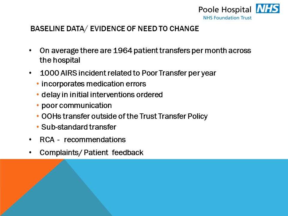 BASELINE DATA/ EVIDENCE OF NEED TO CHANGE On average there are 1964 patient transfers per month across the hospital 1000 AIRS incident related to Poor Transfer per year incorporates medication errors delay in initial interventions ordered poor communication OOHs transfer outside of the Trust Transfer Policy Sub-standard transfer RCA - recommendations Complaints/ Patient feedback